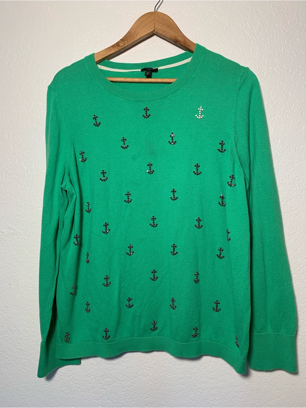 Talbots Green Crewneck Sweater with Anchor Studs 2X Cotton Rayon Blend